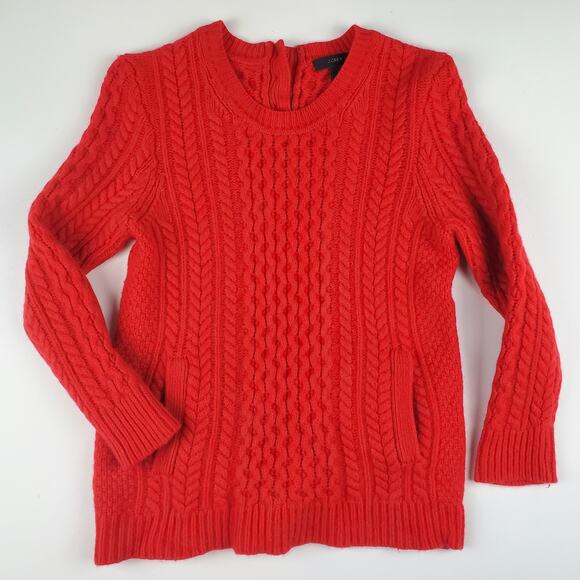 J. Crew Red Wool Cable Knit Crewneck Pullover Sweater Top Pockets Ribbed SIze M - Picture 2 of 8